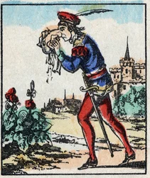 Kuva tarinasta "Grand Flandrinin seikkailut" Puukaiverrus Imaging Pellerinistä - Epinal, sd. 1800-luvun loppu.