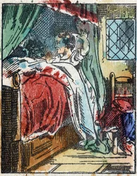 Kuvitus Charles Perraultin tarinasta "Punahilkka". Puukaiverrus Imaging Pellerinistä - Epinal, sd. 1800-luvun loppu.