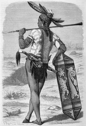 "Le Tour du monde" -julkaisussa vuosina 1870 - 1871 julkaistu kuvitus kuvaa dayakia (alkuperäiskansaa) Borneon saarella. Kaiverrus.