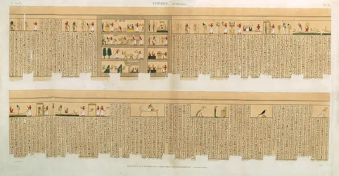 Kuvia Pampuksen käsikirjoituksesta, jossa on hieroglyfit, Hypogees, Thebes, levy 75 julkaisun "Descriptions of Egypt" osasta II, kaiverrus Willemin, pub. 1822 (akvatinta)