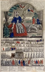 Epinalin kuva Sainte Genevièvestä, Pariisin suojelijasta. Kaiverrus 1800-luvulla. Notre Dame de Paris -museo.