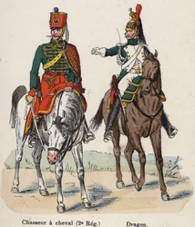 Keisarillinen kaarti Napoleon I: Horseback Hunter (2. rykmentti) ja lohikäärme. Lautas Lienhartin ja Humbertin kirjasta Les Uniforms de l