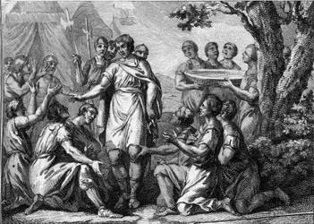 Faramundin valtaannousu (400-luku): frankkien kuninkaan Faramundin (tai Pharamun tai Faramund tai Paramund) kruunaus. 1700-luvun kaiverrus.