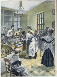 Vauvat depot des Enfants Assistes rue Denfert Rochereaussa (Denfert-Rochereau) Pariisissa sijoittavat hautomoon. Lääkärit ja sairaanhoitajat hoitavat keskosia tai huonokuntoisia vauvoja Le Petit Parisienissa