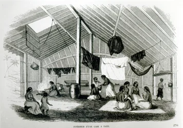 Tahitilaisen majan sisällä, teoksesta Voyages dans Les Deux Oceans, Eugene Delessert, 1848