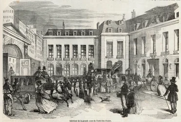 Hôtel des Postesin suuren sisäpihan sisäpiha Pariisissa - Edmond Texierin kaiverrus Tableau-de-Parisissa 1852