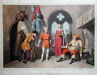 Vosgesissa sijaitsevan linnan sisustus 1300-luvulla (väri litho)