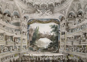 Comedie Francaise -teatterin sisustus vuonna 1791 alkuperäisen akvarellin jälkeen
