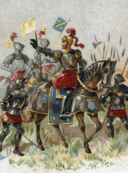Italian sodat: Ludvig XII (1462-1515), Ranskan kuningas, Agnadelin taistelussa (Milano) Italiassa 14. toukokuuta 1509. Kromolitografia.