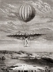 Jacob Degenin vuonna 1808 valmistama läppäventtiileillä varustettu ornithopteri, jossa lentäjä seisoi jäykällä kehikolla ja käytti siipiä liikkuvan vaakapalkin avulla, noin vuonna 1870 julkaistusta teoksesta "Les Merveilles de la Science" (litografia).