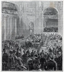 Jacques Babinet (1794 - 1872), ranskalainen fyysikko ja tähtitieteilijä viiden Akatemian juhlallisessa kokouksessa vuonna 1840 - Kaiverrus Alexis Clercin kirjaan "Kaikkien ulottuville tuodut tieteet - fysiikka ja kemia" - 1800-luvun loppu. Yksityinen kokoe