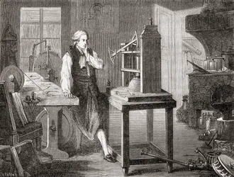 James Watt Glasgow-työpajassaan parantamassa Thomas Newcomenin vuoden 1712 Newcomen-höyrykonetta Watt-höyrykoneella vuonna 1781, Les Merveilles de la Science, pub.1870.