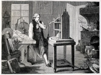 James Watt tutkii Newcomenin koneen täydellistämistä (1767) - "" Album of Sciencessa; maineikkaat tutkijat; Suuria löytöjä”” 1896.