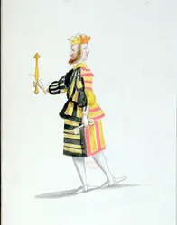Ludvig XIV:n tanssima Jean-Baptiste Lullyn (1632-87) Janus-asu Ballet de la Nuitille, 23. helmikuuta 1653 (wc paperilla)