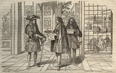 Jean Baptiste Colbert (Jean-Baptiste) (1619-1683) tapaamisessa kuningas Ludvig XIV:n ja Francois Louvoisin (1641-1691) kanssa Versaillesissa - kaiverrus Leclercin mukaan -