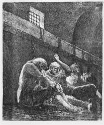 Jean Valjean vankilassa, kuvitus Les Miserablesista, Victor Hugo, 1865