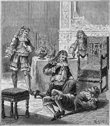Jean de SANTEUL (Santeuil) (1630-1697) myrkyttää viinilasillisen, johon oli laitettu tupakkaa Espanjasta - Kaiverrus Alexis Clercin "Tieteet kaikkien saataville - fysiikka ja kemia" - 1800-luvun loppu - Yksityinen kokoelma