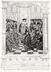 Jean le Feron (1504-70) esittelee yhden teoksistaan kuningas Henrik II:lle (1519-89) Blason dArmoiresista, Jean le Feron, kuvitus teoksesta Tiede ja kirjallisuus keskiajalla ja renessanssin kirjoitus.