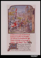 Bayonnen asukkaat ottivat vastaan John of Gauntin kaupungin porteilla, Froissarts Chroniclesta, 1400-luvun loppu