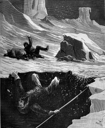 Joseph Rene Bellot (1826-1853), ranskalainen merimies Kanadan arktisessa saaristossa, kuoli vuonna 1853. Bitard Adolphen "Suosittu tieteen, keksintöjen ja löytöjen historia ensimmäisiltä vuosisadoilta nykypäivään" 1880.