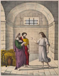 Joseph vankilassa selittämässä pääleipurin ja päähovimestari unia, kuvitus katekismuksesta LHistoire Sainte, julkaisija Charles Delagrave, Pariisi, 1800-luvun lopulla