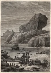 Kerguelenin saaret. Jules Vernen kuvitus 1700-luvun suurille merenkulkijoille - James Cook aux Iles de Kerguelen en 1776 (Kerguelenin saaristo tai Iles de la Desolation) - teoksessa "1700- ja 1800-luvun matkailijat - kuvitus