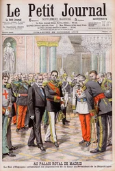 Espanjan kuningas Alfonso XIII esittelee hoviaan Ranskan presidentille Emile Loubetille Madridin kuninkaallisessa palatsissa. Madridin kuninkaallisessa palatsissa. Espanjan kuningas Alfonso XIII esittelee hovin arvohenkilöt tasavallan presidentti Loubetill