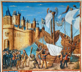 Ranskan kuningas Ludvig IX (Saint Louis) (1214-1270) lähtemässä seitsemännelle ristiretkelle (miniatyyri