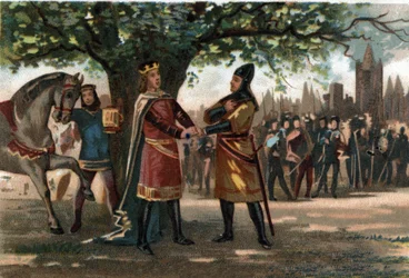 Ranskan kuningas Philippe Augustus (1165-1223) tapasi kuningas Richard Lionin sydämen Saint Denisissä Oriflamen kaappauksen aikana. Kromolitografia noin 1890.