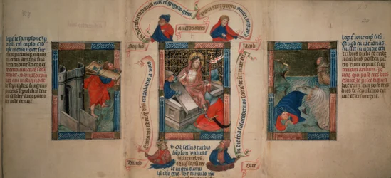 Kings 5 f.20 Ylösnousemus, Simson murtamassa Gazan portit, Joona pakenemassa valasta, Biblia Pauperumista, 1400-luvun alku (vellum)