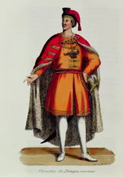 Unkarin kaatuneen lohikäärmeritarikunnan ritari, kuva Pierre Helyotin (1660-1716) teoksesta Histoire et Costumes des Ordres Monastiques, 1842