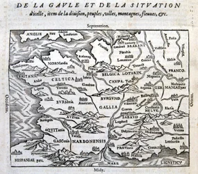 Gallia, sen joet ja vuoret - François de Belle Forestin teoksessa "Universal Cosmography at the End of the World", toim. Sonnius, Pariisi