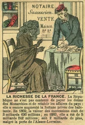 La Riche de la France, joka kuvaa kolmannen tasavallan etuja ranskalaisten henkilökohtaisessa rikastumisessa. Kaiverrus "Le Figaro, supplement" -lehdessä 30.3.1889, Pariisi.