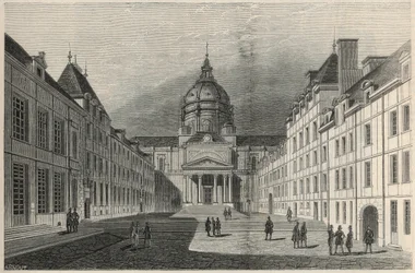 Sorbonnen piha Pariisissa 1800-luvulla - Edmond Texierin kaiverrus "Tableau-de-Paris" 1852