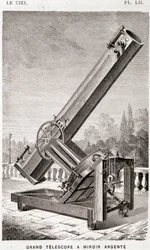 Suuri hopeapeiliteleskooppi (Léon Foucault -järjestelmä), asennettu ekvatoriaalisesti Marseillen observatorioon - Le Cielissä, Amédée Guillemin, Hachette, Paris