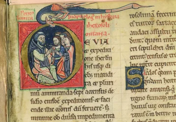 Lat 5128 f.1 Pietari erakko jakaa ristejä, munkki Robertin kirjoittamasta "Jerusalemin historiasta..." (pergamentti).