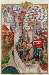 Lat 6067 f.39 Kahden Rodokselle soluttautuneen turkkilaisen teloitus vuonna 1480 myrkyttääkseen varuskunnan komentajan Guillaume Caoursinin teoksesta A History of the Siege of Rhodes, 148