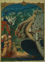 Lat 6067 f.50v Mohammed II:n pääneuvonantaja, mahdollisesti Miseh Paleologue, joka ohjasi Turkin operaatioita, noin 1480, Guillaume Caoursinin teoksesta A History of the Siege of Rhodes, 1483