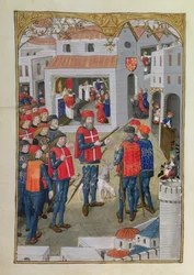 Lat 6067 fol.33v Pyhän Johanneksen Jerusalemin ritarit valmistautuvat puolustamaan Rodosta, Guillaume Caoursinin teoksesta A History of the Siege of Rhodes, 1483