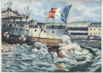 Cuirasse ""Republique"" lanseerattiin Brestissä, Ranskassa. Kaiverrus "" Le Petro Parisien""