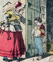 Le Pere Fouettard, ranskalainen hahmo ruoskijaisälle, legendaarinen kansanperinteen hahmo, joka rankaisee tuhmia lapsia: hänen vaimonsa La Mere Fouettard ruoskiva äiti, joka synnyttää katuneita lapsia - Epinal kuva