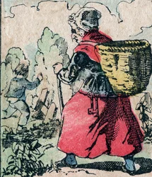 Le Pere Fouettard, ranskalainen hahmo ruoskivan isälle, legendaarinen kansanperinteen hahmo, joka rankaisee tuhmia lapsia: hänen vaimonsa La Mere Fouettard ruoskiva äiti, joka jahtaa koulun väliin jättäviä lapsia - Epinal-kuva