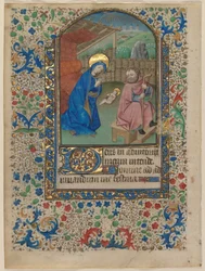 Lehti tuntikirjasta: 1430 (muste, tempera ja kulta pergamentille).