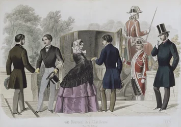 Lähdössä kyytiin taksilla, kuvitus Le Journal des Tailleursista, 1856 (värikaiverrus)