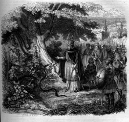 Legenda Kaarle Suuresta ja käärmeestä: keisari rupikonnan miehittämän käärmepesän edessä. Kaiverrus vuodelta 1852.