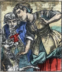 Lemuel Gulliver Brobdingnagin jättiläisten maassa. Kuvitus Jonathan Swiftin (1667-1745) elokuvaan "" Gulliver
