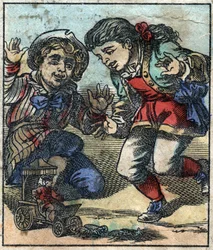 Brobdingnagin jättiläislapset käyttävät Lemuel Gulliveria leluna. Kuvitus Jonathan Swiftin (1667-1745) elokuvaan "" Gulliver
