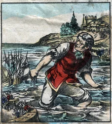 Lemuel Gullliver ampui Blefuscu-armeijan alukset pääkaupunki Lilliputin satamaan. Kuvitus Jonathan Swiftin (1667-1745) elokuvaan "" Gulliver