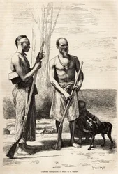 Formosan saaren vuoristometsästäjät, kaiverrus D.Maillardin piirustuksen mukaan, joka havainnollistaa matkaa Kiinaan, J.Thompson, 1870-1872, julkaistu "" Le tour du monde""" 1875, toimittanut Edouard Charton, Hachette-painos, Pariisi. Selva Collecti