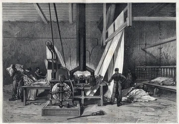 Suuret tehtaat - Dyeing erie Boutarel Clichy la Garennessa - Le mesh des Etoffes - kaiverrus vuodelta 1869